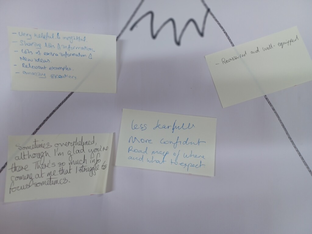Handrawn mountain with postit notes explaining how where people feel they are on the mountain of fundraising.